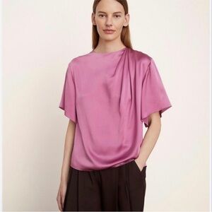 Vince 100% silk pink Flutter-Sleeve Draped-Neck Blouse NEW